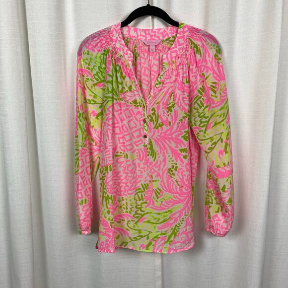 Lilly Pulitzer Pink&Green Silk Elsa Top Home Slice Pink Pineapple Sz.S - Picture 5 of 15